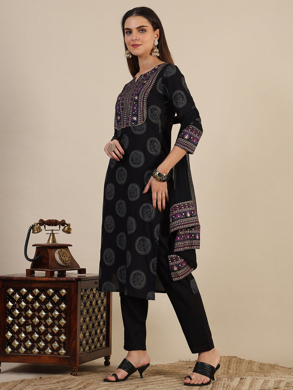Printed Rayon Kurta With Pant & Printed Dupatta, Black - Hiral Fashion | Grocsy