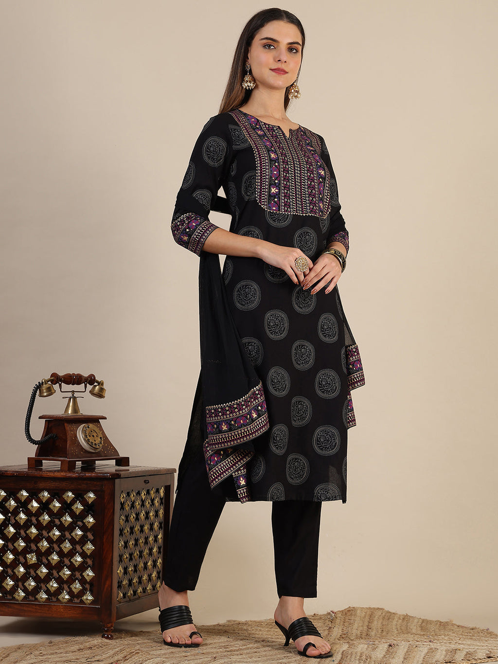 Printed Rayon Kurta With Pant & Printed Dupatta, Black - Hiral Fashion | Grocsy