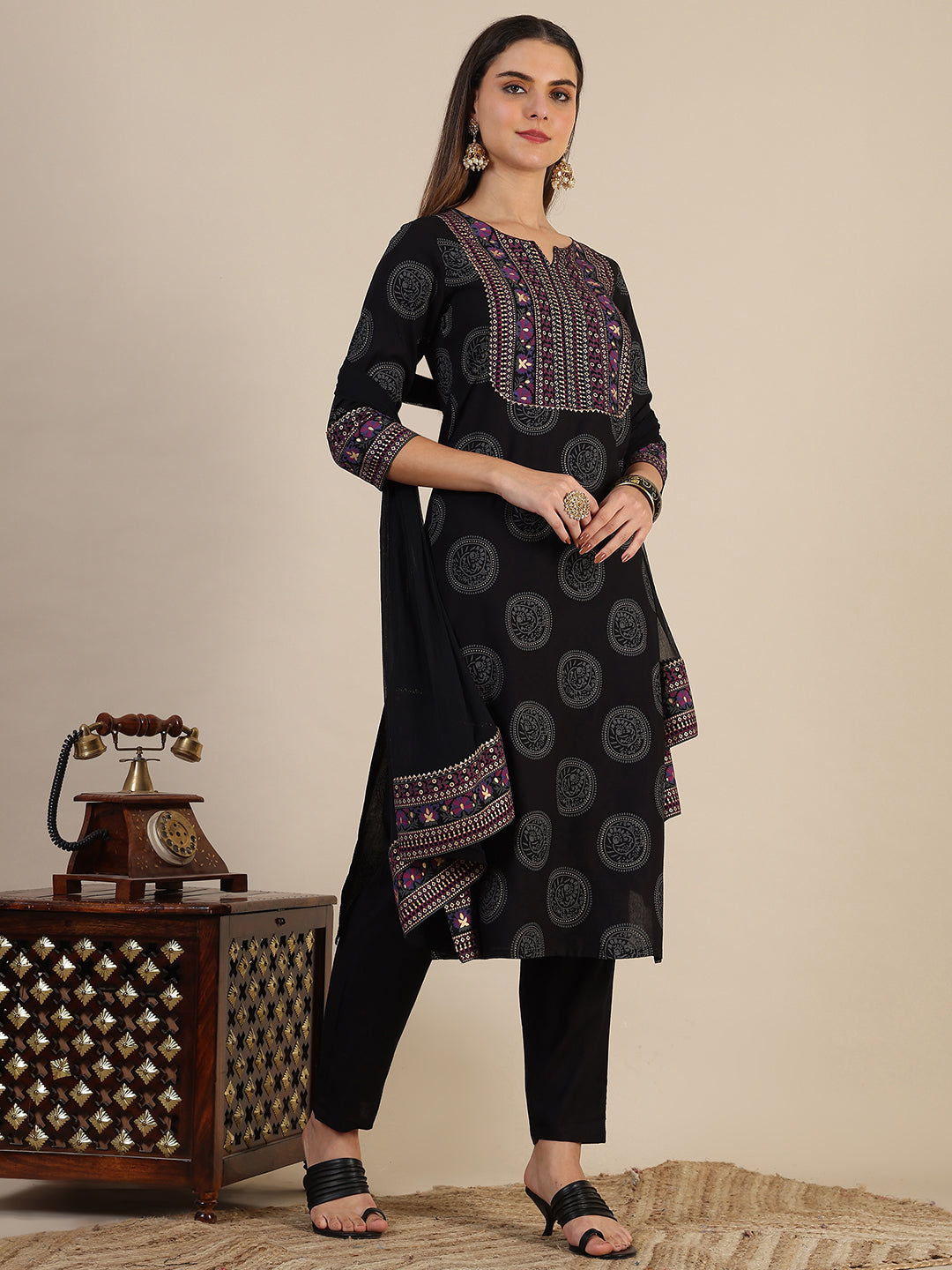Printed Rayon Kurta With Pant & Printed Dupatta, Black - Hiral Fashion | Grocsy