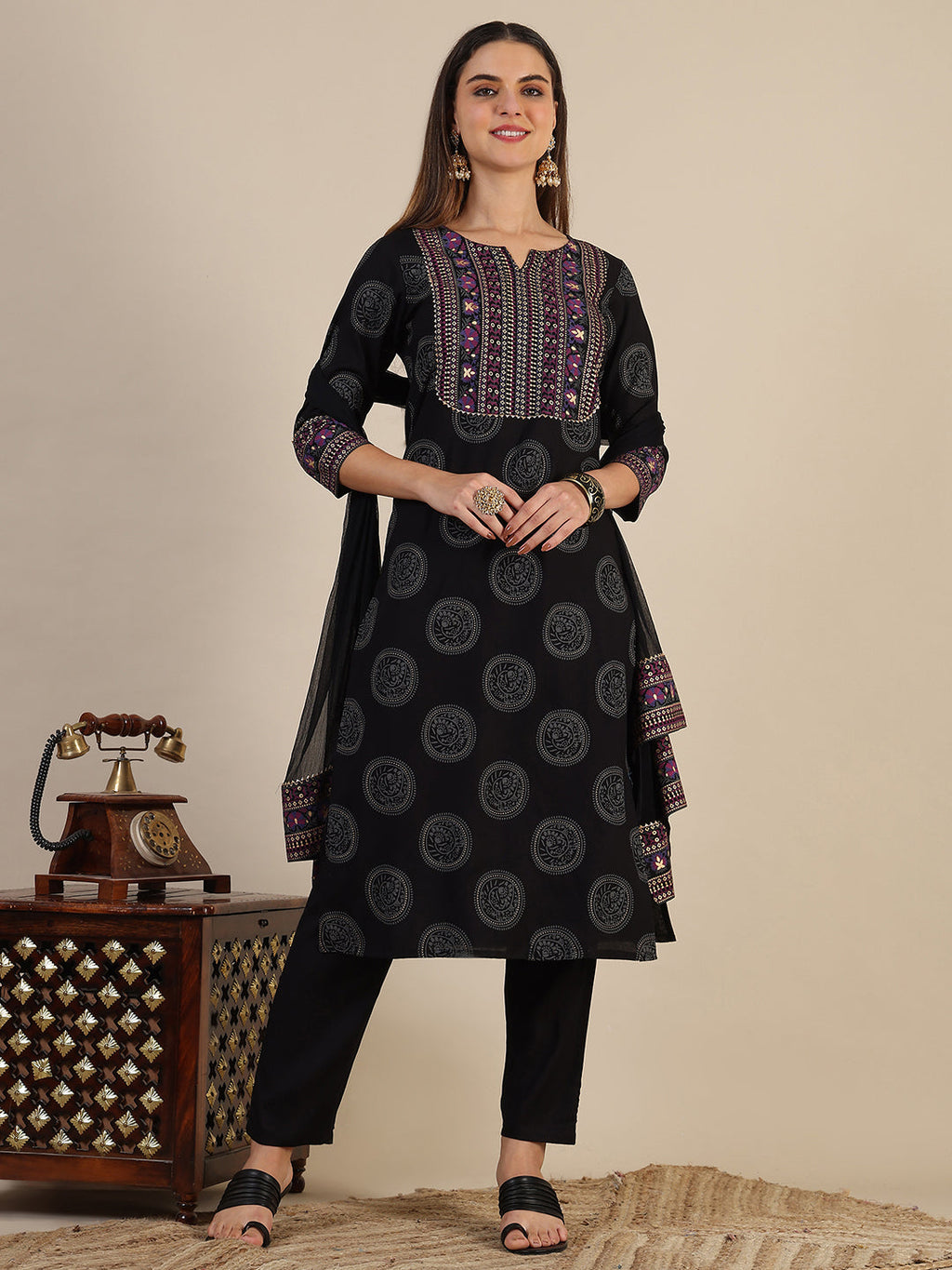 Printed Rayon Kurta With Pant & Printed Dupatta, Black - Hiral Fashion | Grocsy