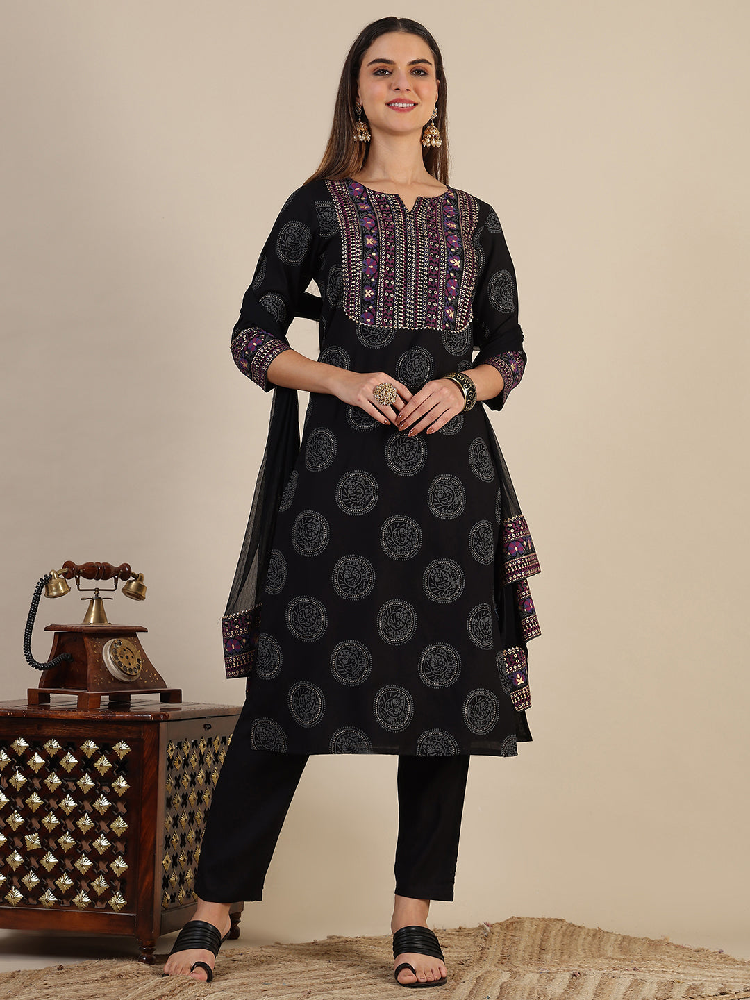 Printed Rayon Kurta With Pant & Printed Dupatta, Black - Hiral Fashion | Grocsy