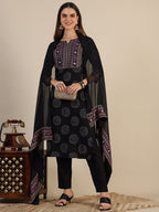 Printed Rayon Kurta With Pant & Printed Dupatta, Black - Hiral Fashion | Grocsy