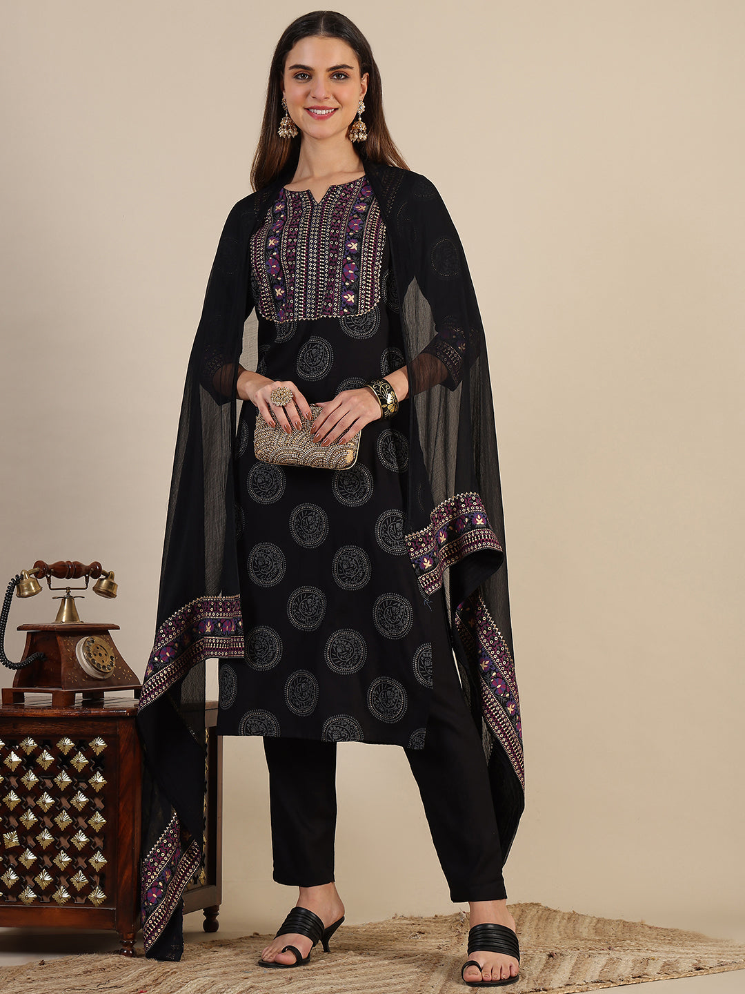 Printed Rayon Kurta With Pant & Printed Dupatta, Black - Hiral Fashion | Grocsy