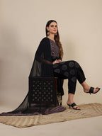 Printed Rayon Kurta With Pant & Printed Dupatta, Black - Hiral Fashion | Grocsy