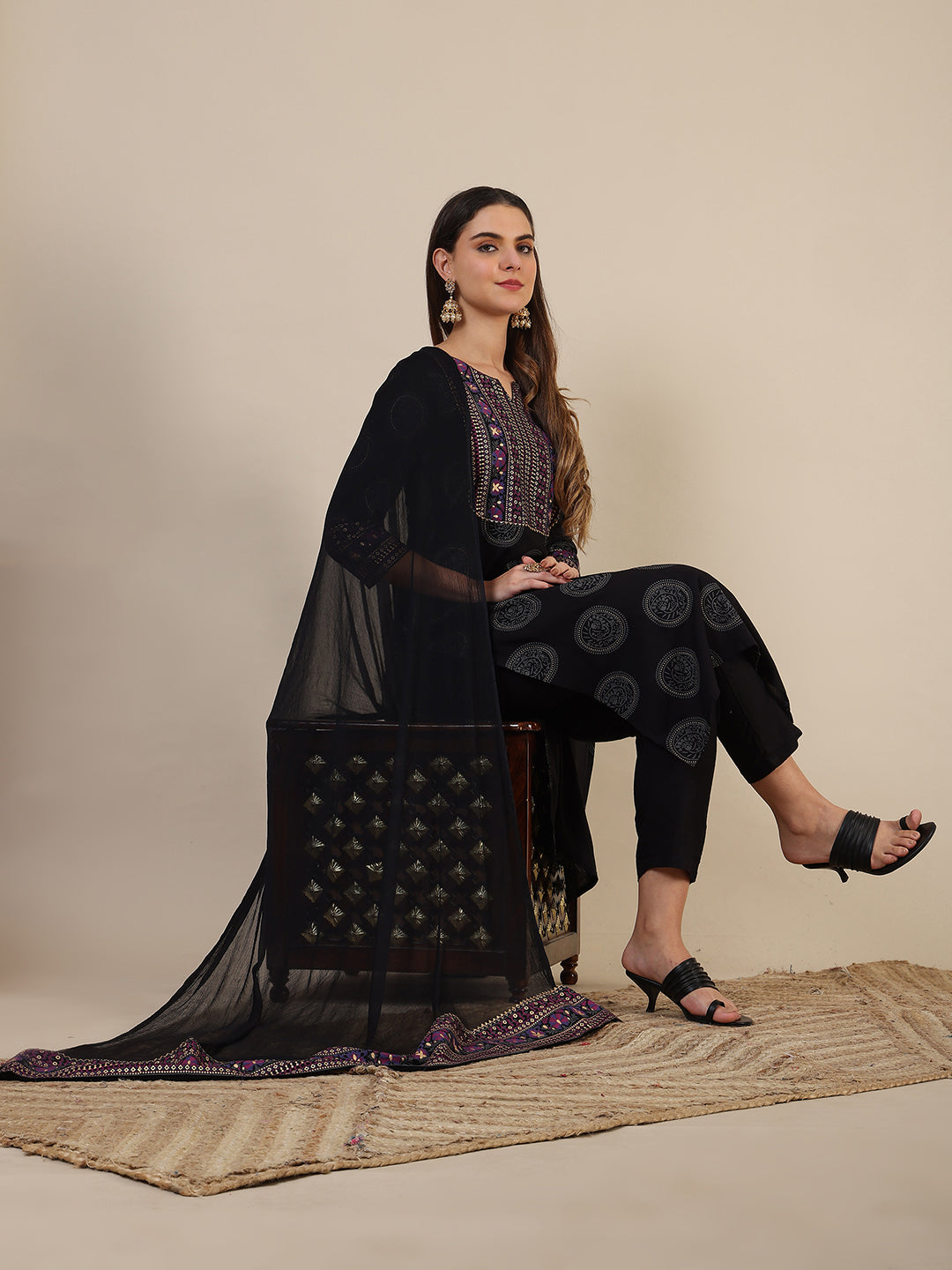 Printed Rayon Kurta With Pant & Printed Dupatta, Black - Hiral Fashion | Grocsy