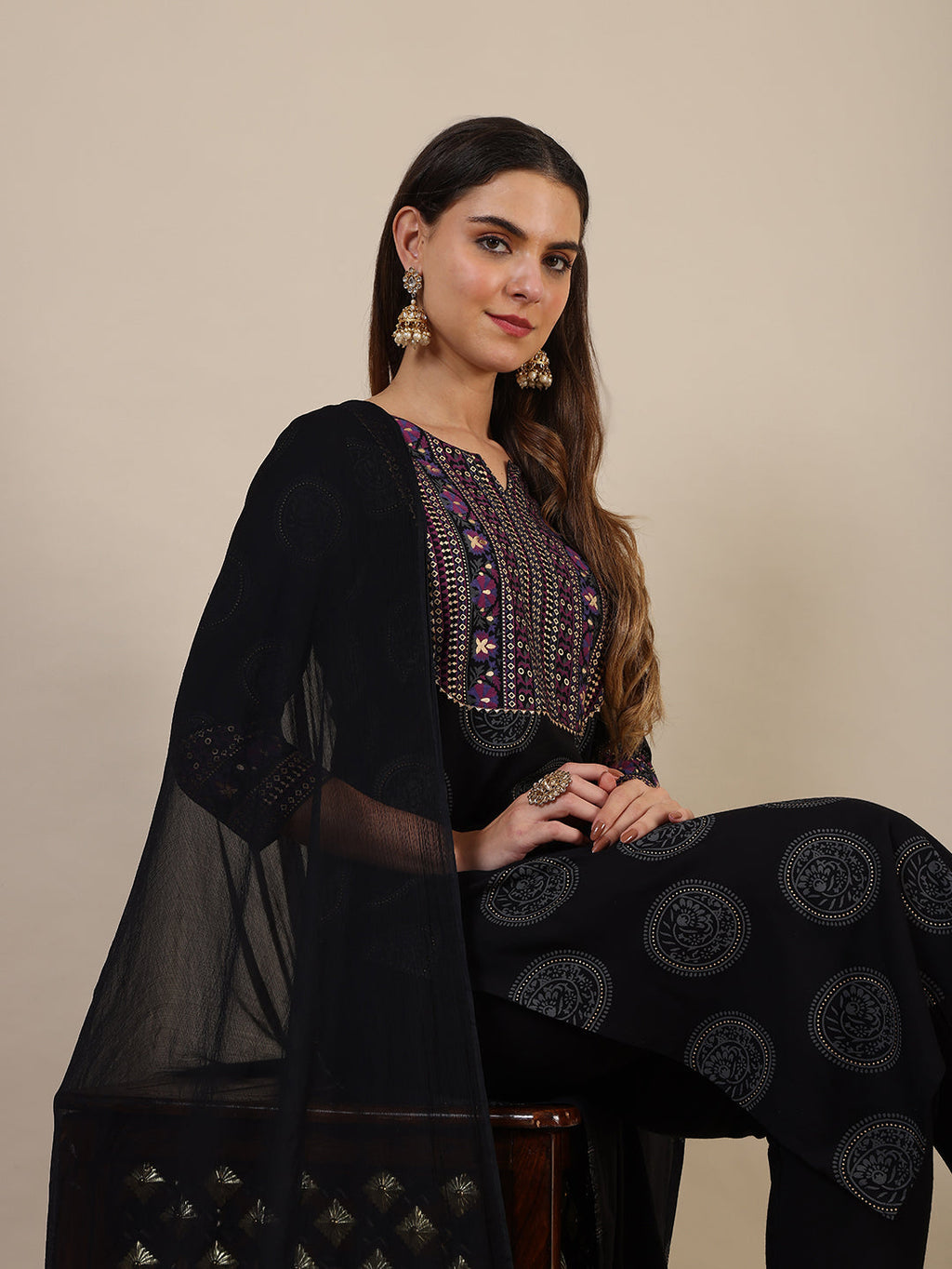 Printed Rayon Kurta With Pant & Printed Dupatta, Black - Hiral Fashion | Grocsy