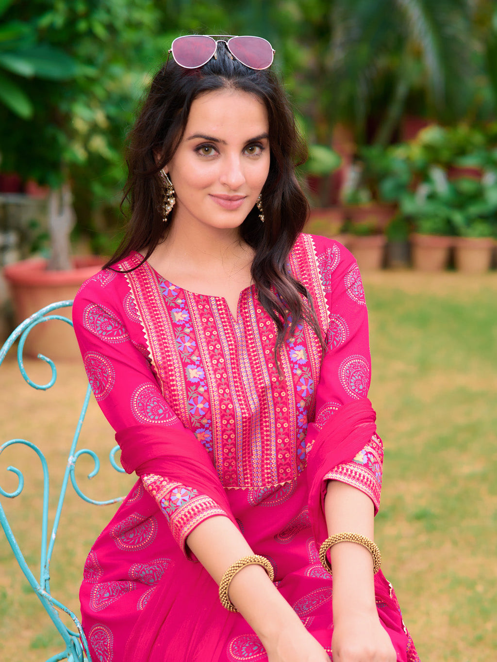 Printed Rayon Kurta With Pant & Printed Dupatta, Pink - Hiral Fashion | Grocsy