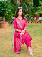 Printed Rayon Kurta With Pant & Printed Dupatta, Pink - Hiral Fashion | Grocsy