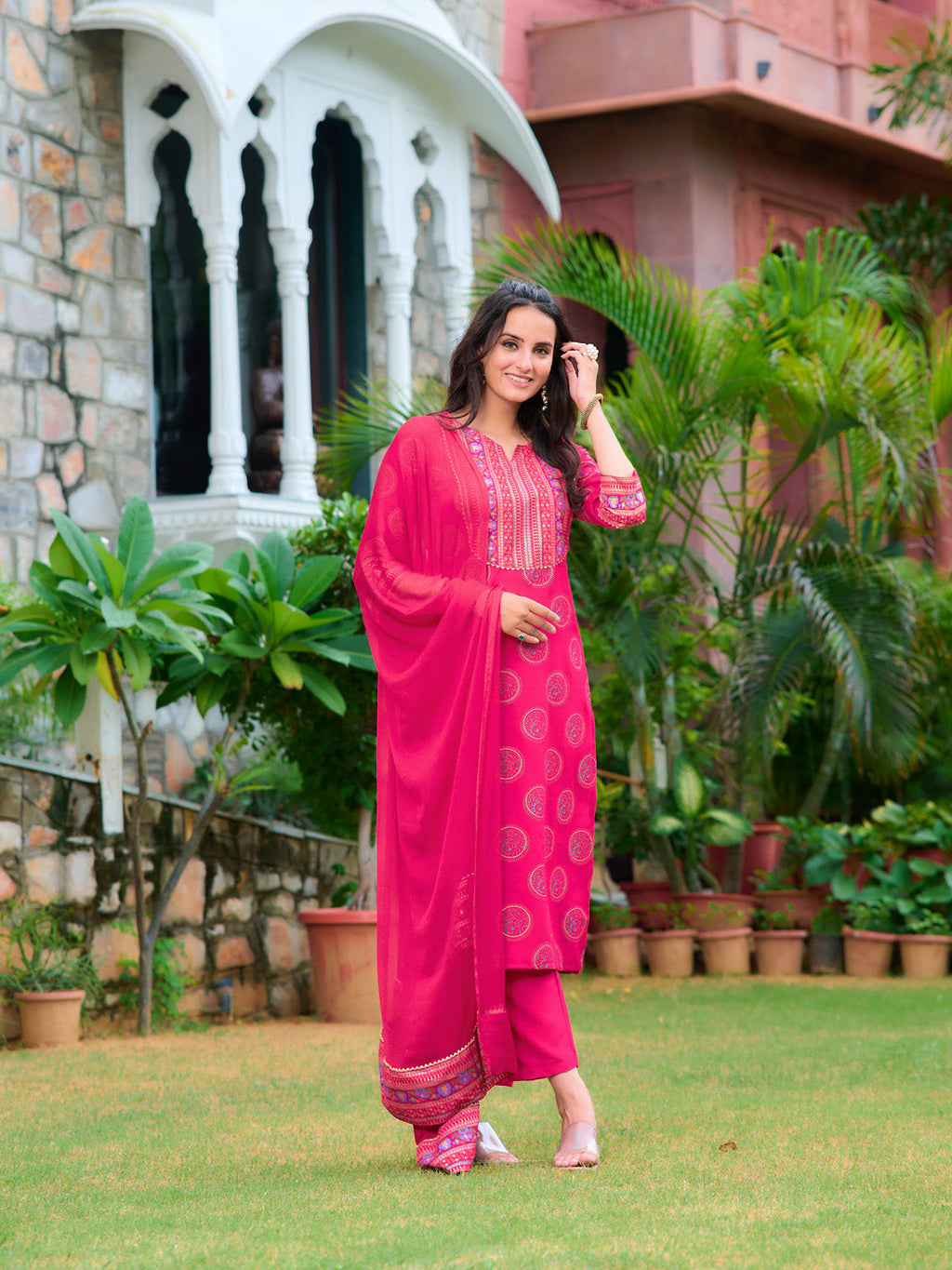 Printed Rayon Kurta With Pant & Printed Dupatta, Pink - Hiral Fashion | Grocsy