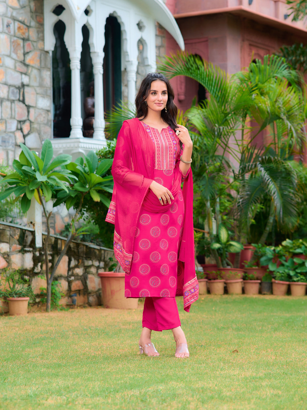 Printed Rayon Kurta With Pant & Printed Dupatta, Pink - Hiral Fashion | Grocsy