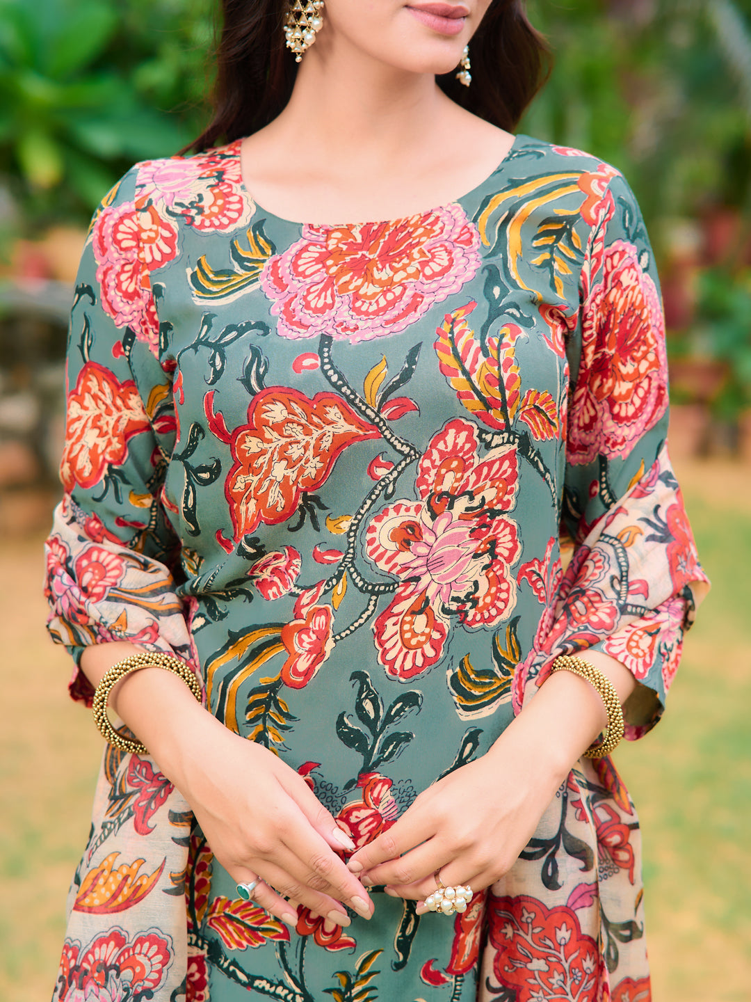 Printed Kurta With Pant & Printed Dupatta, Green - Hiral Fashion | Grocsy