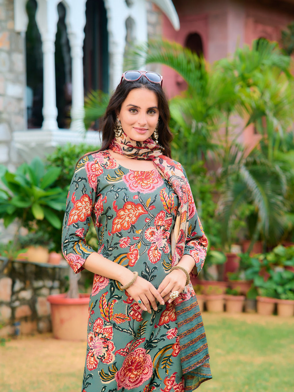 Printed Kurta With Pant & Printed Dupatta, Green - Hiral Fashion | Grocsy