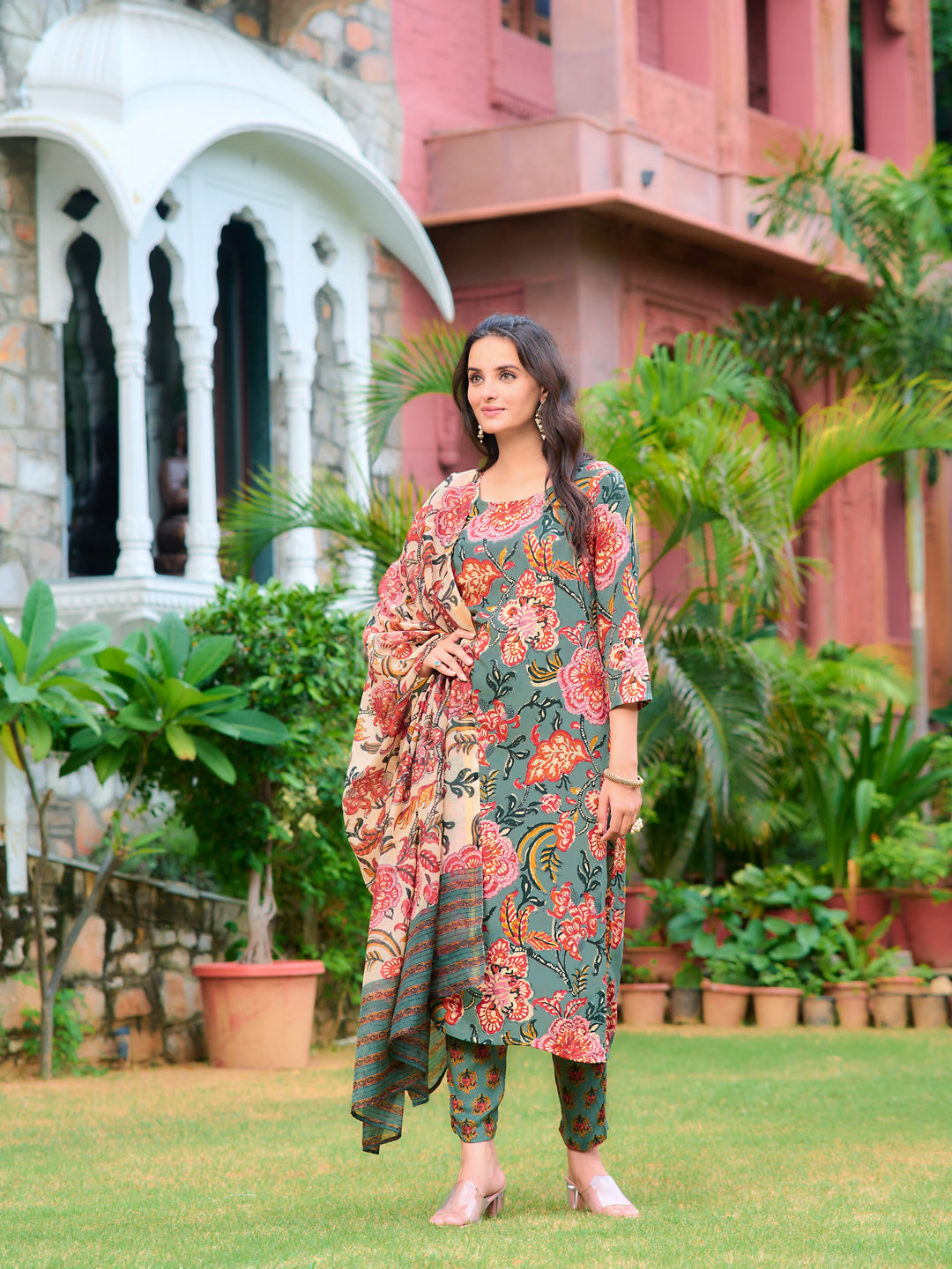 Printed Kurta With Pant & Printed Dupatta, Green - Hiral Fashion | Grocsy