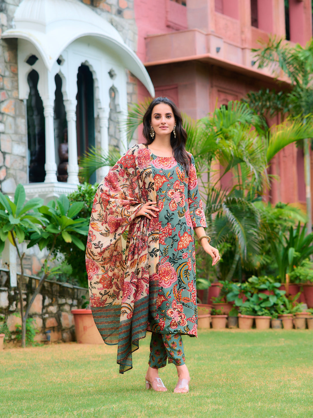 Printed Kurta With Pant & Printed Dupatta, Green - Hiral Fashion | Grocsy