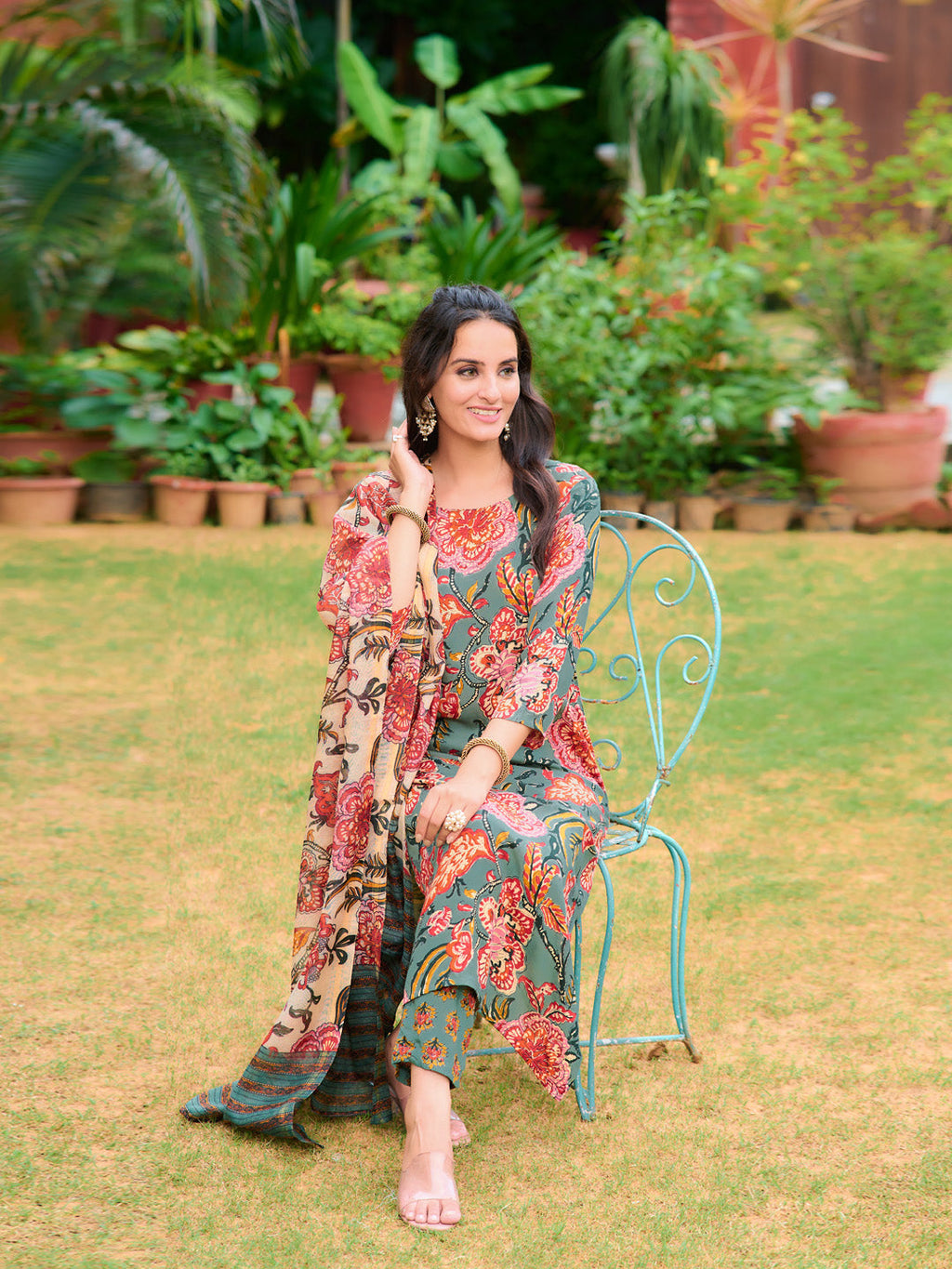 Printed Kurta With Pant & Printed Dupatta, Green - Hiral Fashion | Grocsy