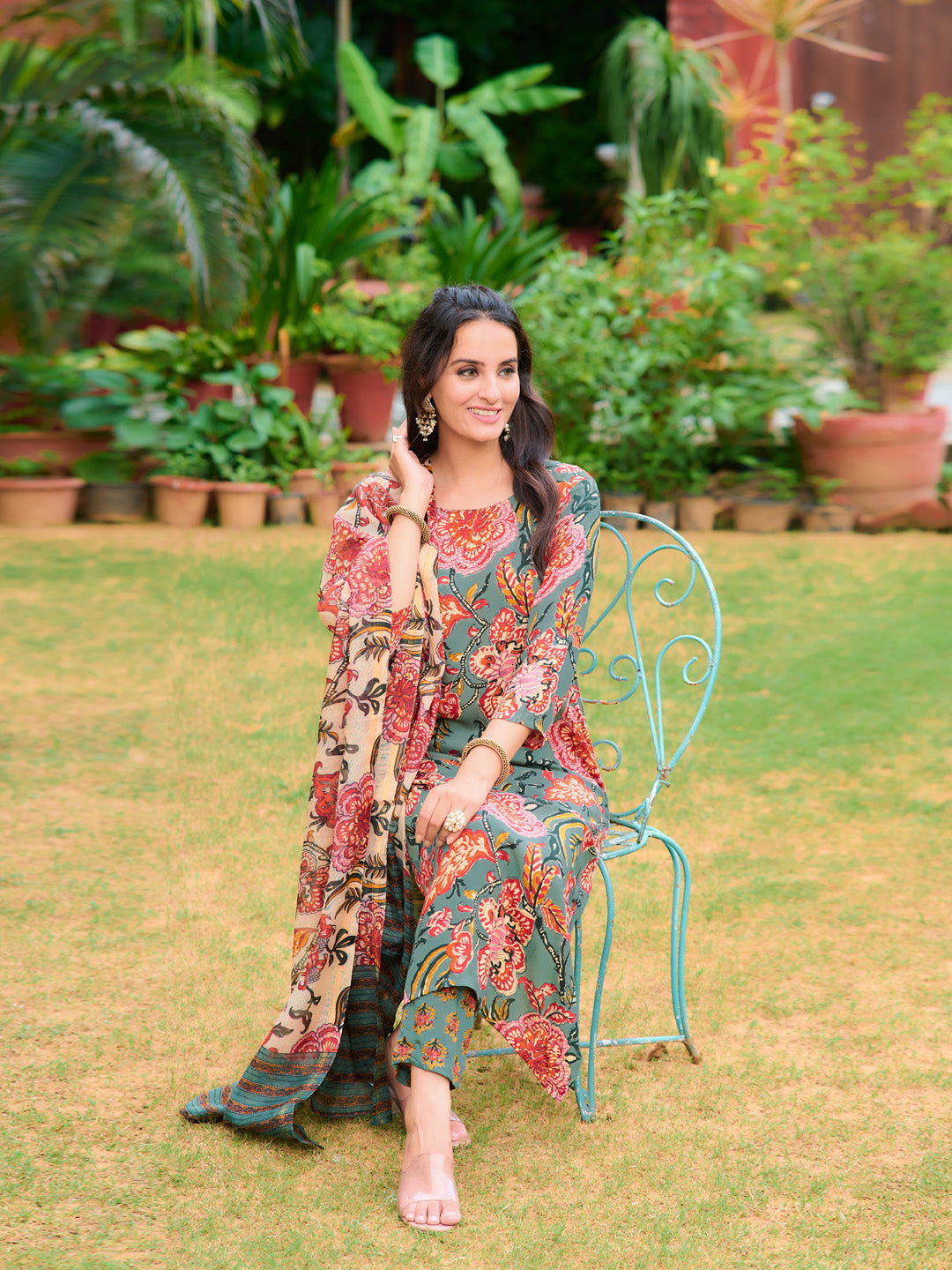 Printed Kurta With Pant & Printed Dupatta, Green - Hiral Fashion | Grocsy