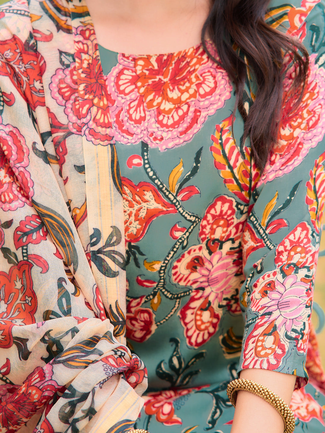 Printed Kurta With Pant & Printed Dupatta, Green - Hiral Fashion | Grocsy