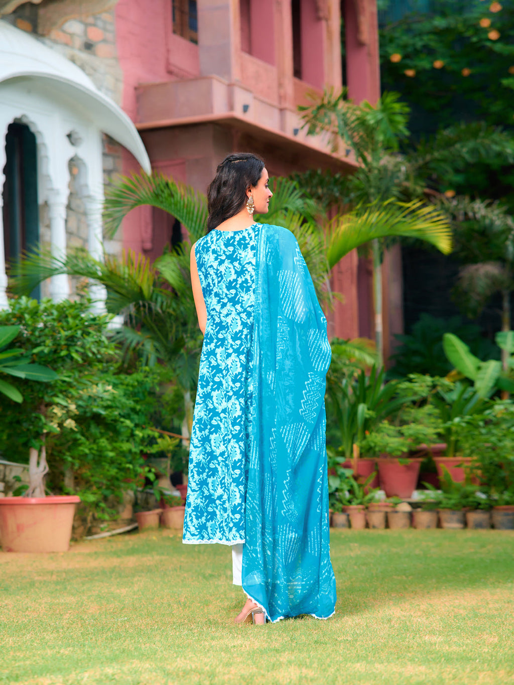 Printed Flared Kurta With Pant & Dupatta, Blue - Hiral Fashion | Grocsy