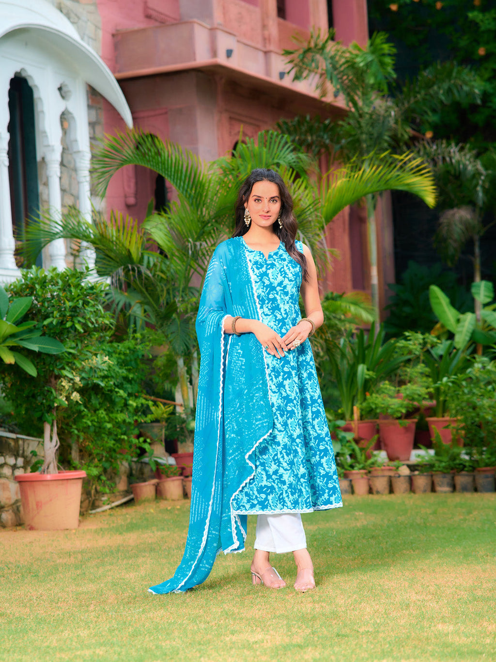 Printed Flared Kurta With Pant & Dupatta, Blue - Hiral Fashion | Grocsy