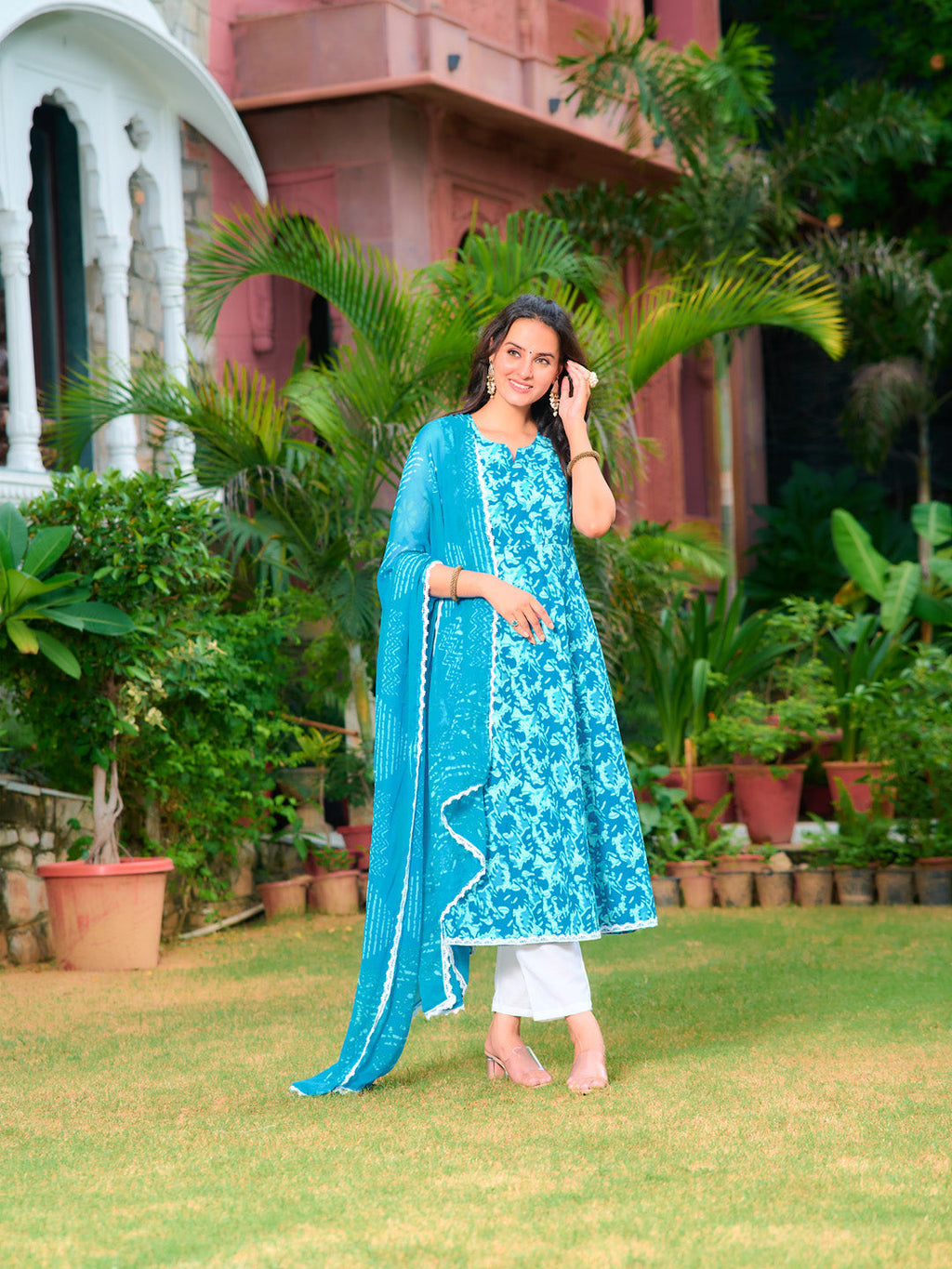 Printed Flared Kurta With Pant & Dupatta, Blue - Hiral Fashion | Grocsy