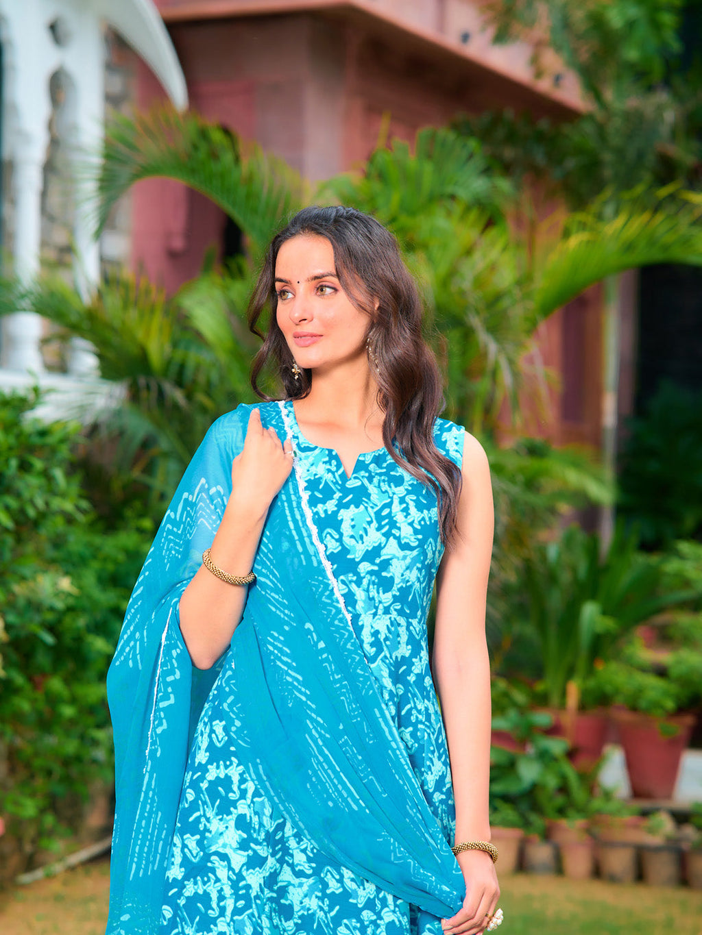 Printed Flared Kurta With Pant & Dupatta, Blue - Hiral Fashion | Grocsy