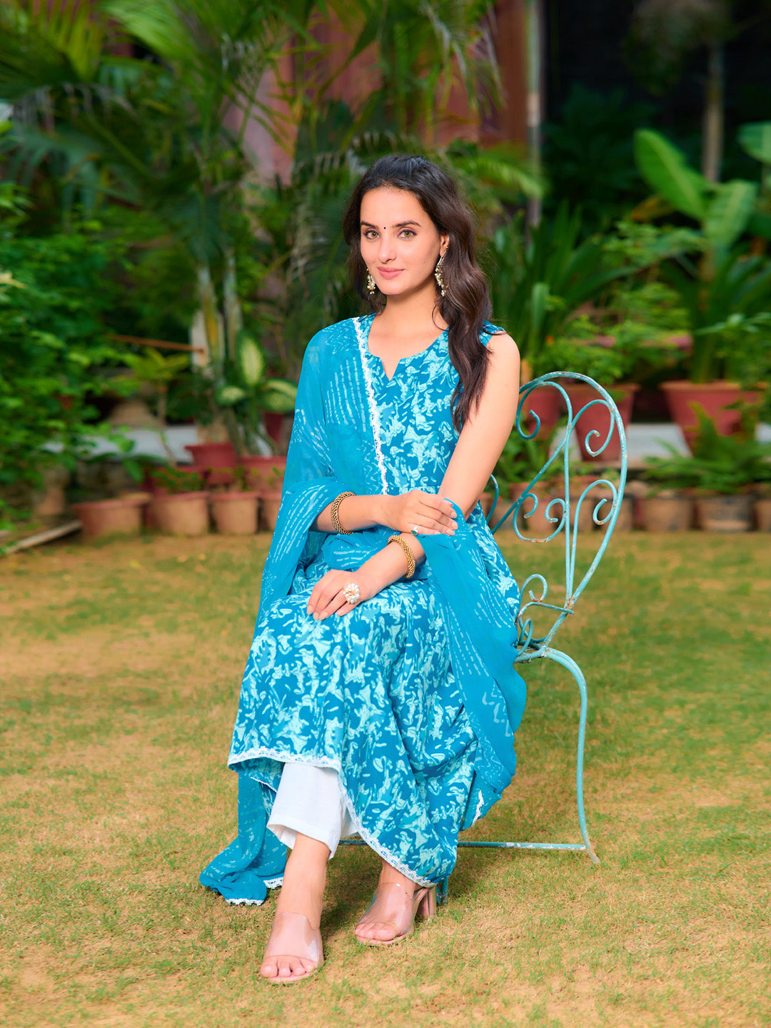 Printed Flared Kurta With Pant & Dupatta, Blue - Hiral Fashion | Grocsy