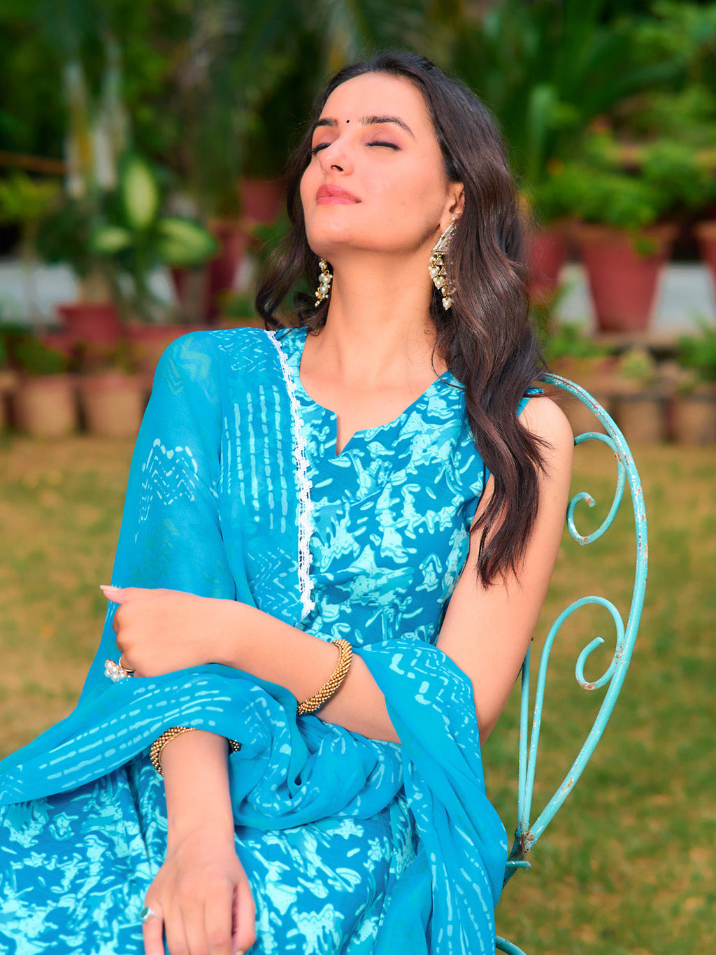Printed Flared Kurta With Pant & Dupatta, Blue - Hiral Fashion | Grocsy