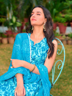Printed Flared Kurta With Pant & Dupatta, Blue - Hiral Fashion | Grocsy