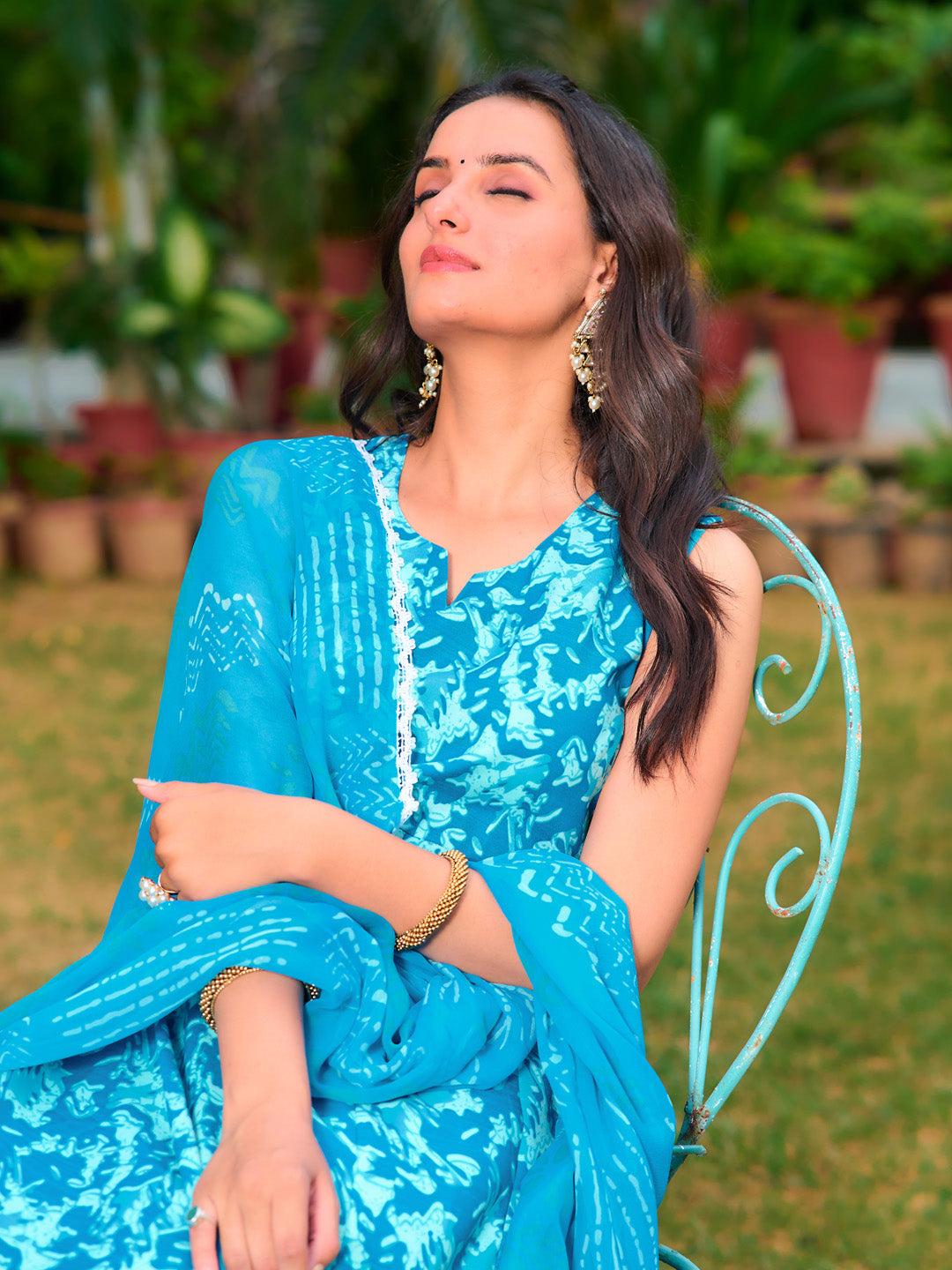 Printed Flared Kurta With Pant & Dupatta, Blue - Hiral Fashion | Grocsy