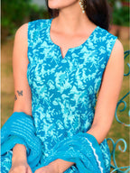 Printed Flared Kurta With Pant & Dupatta, Blue - Hiral Fashion | Grocsy
