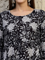 Floral Printed Flared Kurta With Pant & Dupatta, Black - Hiral Fashion | Grocsy