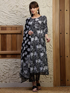Floral Printed Flared Kurta With Pant & Dupatta, Black - Hiral Fashion | Grocsy
