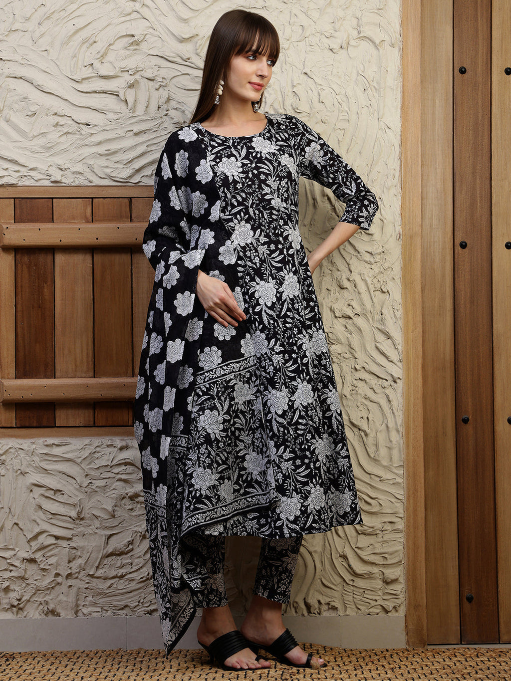 Floral Printed Flared Kurta With Pant & Dupatta, Black - Hiral Fashion | Grocsy