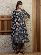 Floral Printed Flared Kurta With Pant & Dupatta, Black - Hiral Fashion | Grocsy