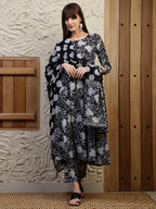 Floral Printed Flared Kurta With Pant & Dupatta, Black - Hiral Fashion | Grocsy