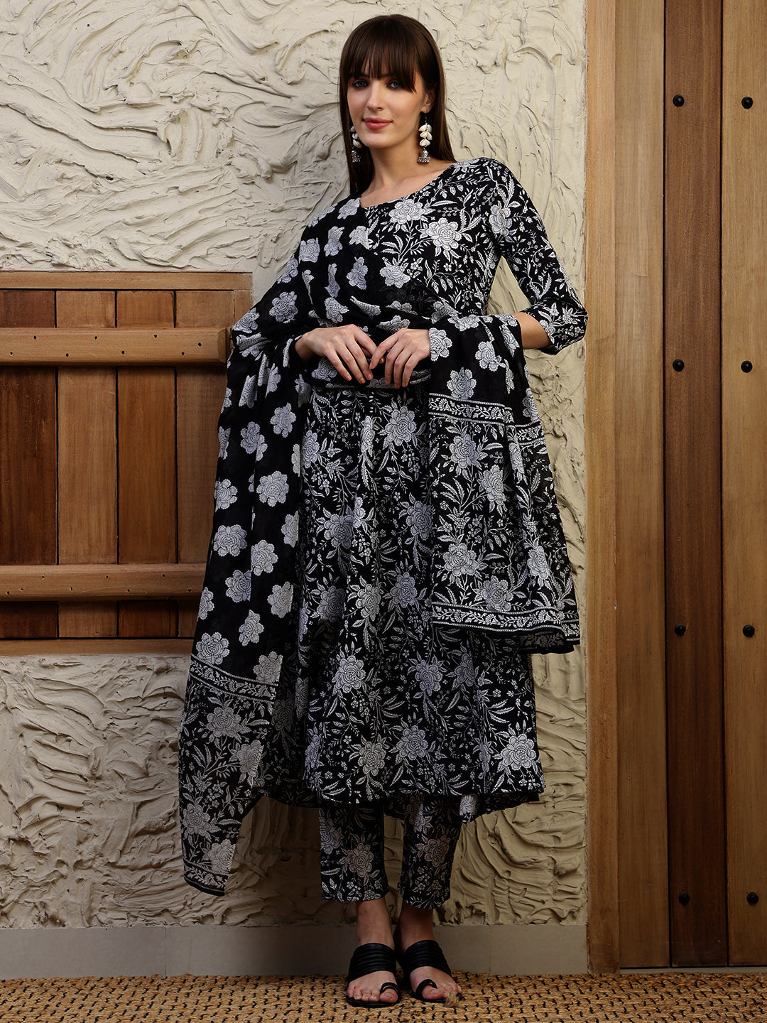 Floral Printed Flared Kurta With Pant & Dupatta, Black - Hiral Fashion | Grocsy