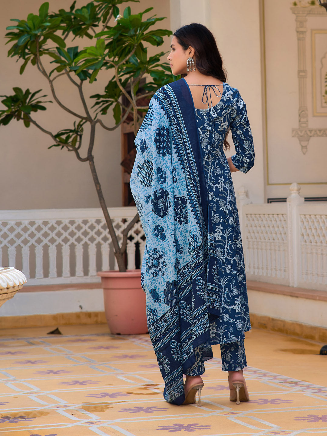 Floral Printed Flared Kurta With Pant & Dupatta, Blue - Hiral Fashion | Grocsy