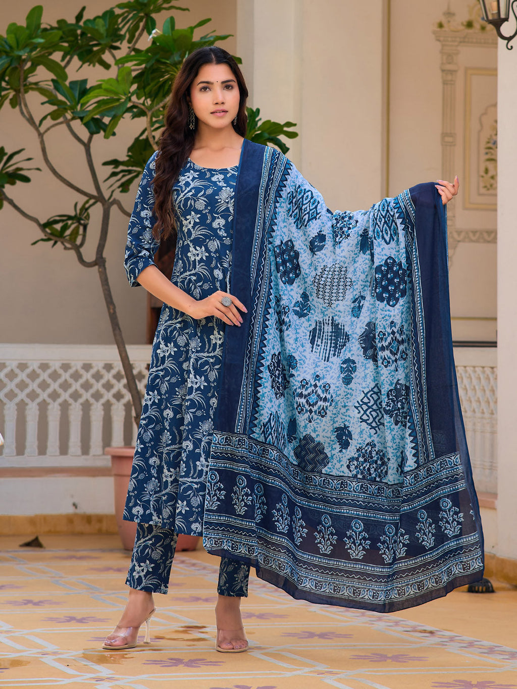 Floral Printed Flared Kurta With Pant & Dupatta, Blue - Hiral Fashion | Grocsy