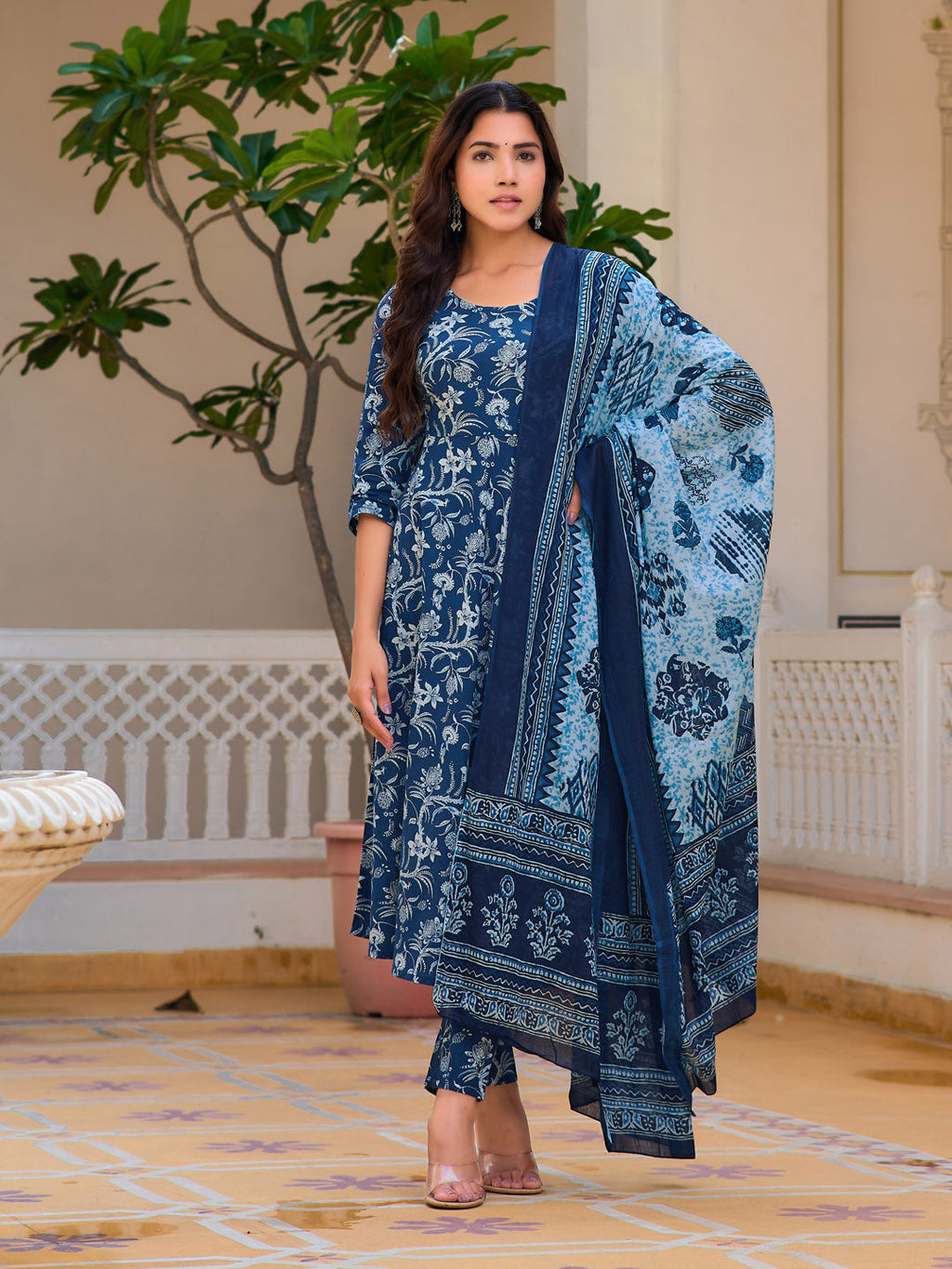 Floral Printed Flared Kurta With Pant & Dupatta, Blue - Hiral Fashion | Grocsy