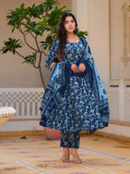 Floral Printed Flared Kurta With Pant & Dupatta, Blue - Hiral Fashion | Grocsy