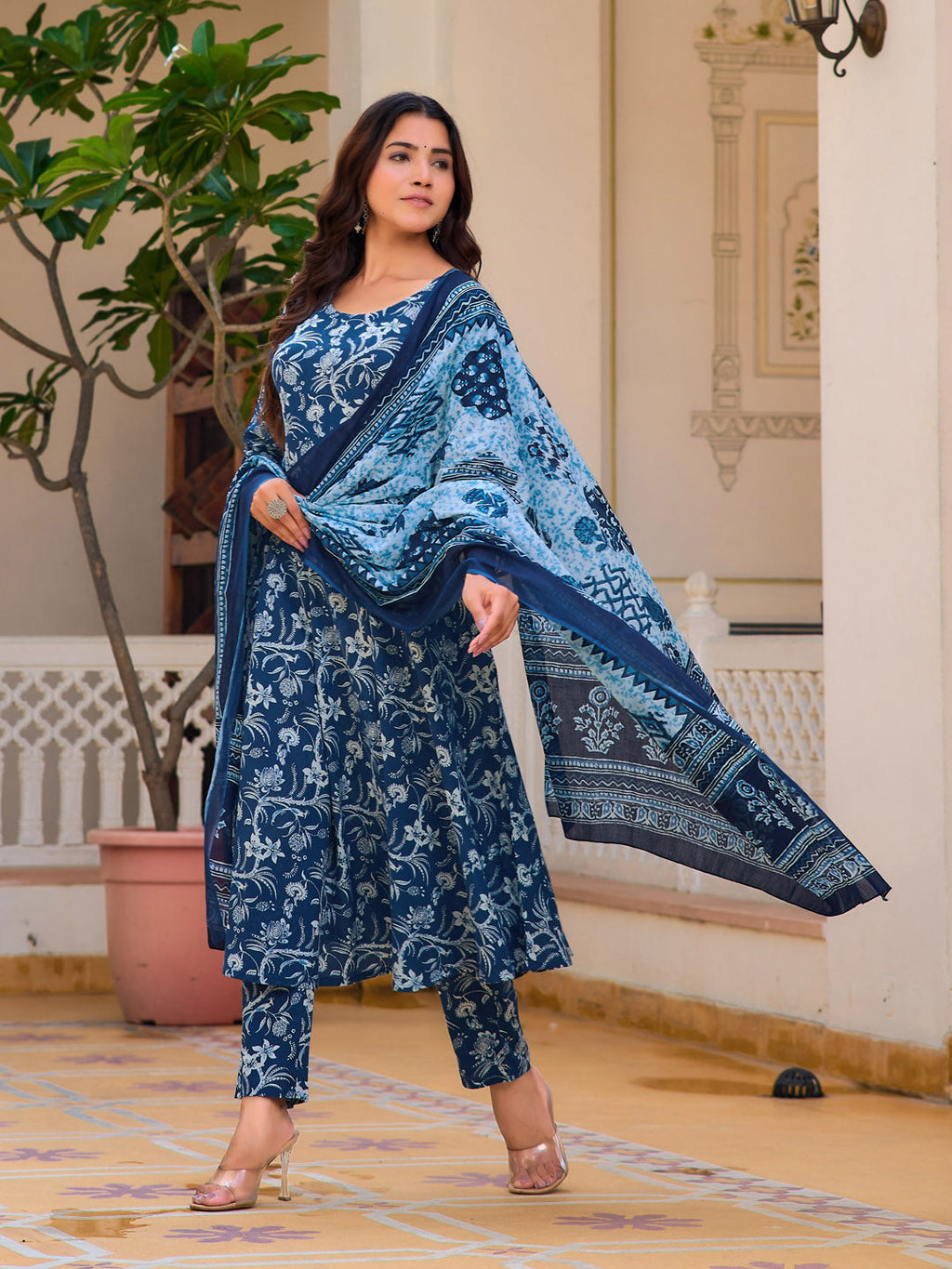Floral Printed Flared Kurta With Pant & Dupatta, Blue - Hiral Fashion | Grocsy