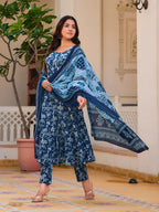 Floral Printed Flared Kurta With Pant & Dupatta, Blue - Hiral Fashion | Grocsy
