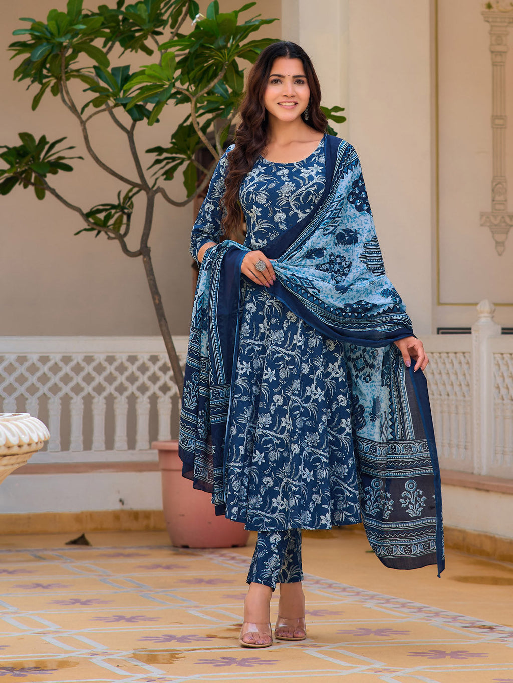 Floral Printed Flared Kurta With Pant & Dupatta, Blue - Hiral Fashion | Grocsy