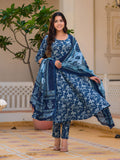 Floral Printed Flared Kurta With Pant & Dupatta, Blue - Hiral Fashion | Grocsy