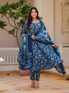 Floral Printed Flared Kurta With Pant & Dupatta, Blue - Hiral Fashion | Grocsy