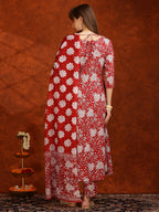 Floral Printed Flared Kurta With Pant & Dupatta, Maroon - Hiral Fashion | Grocsy