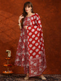Floral Printed Flared Kurta With Pant & Dupatta, Maroon - Hiral Fashion | Grocsy