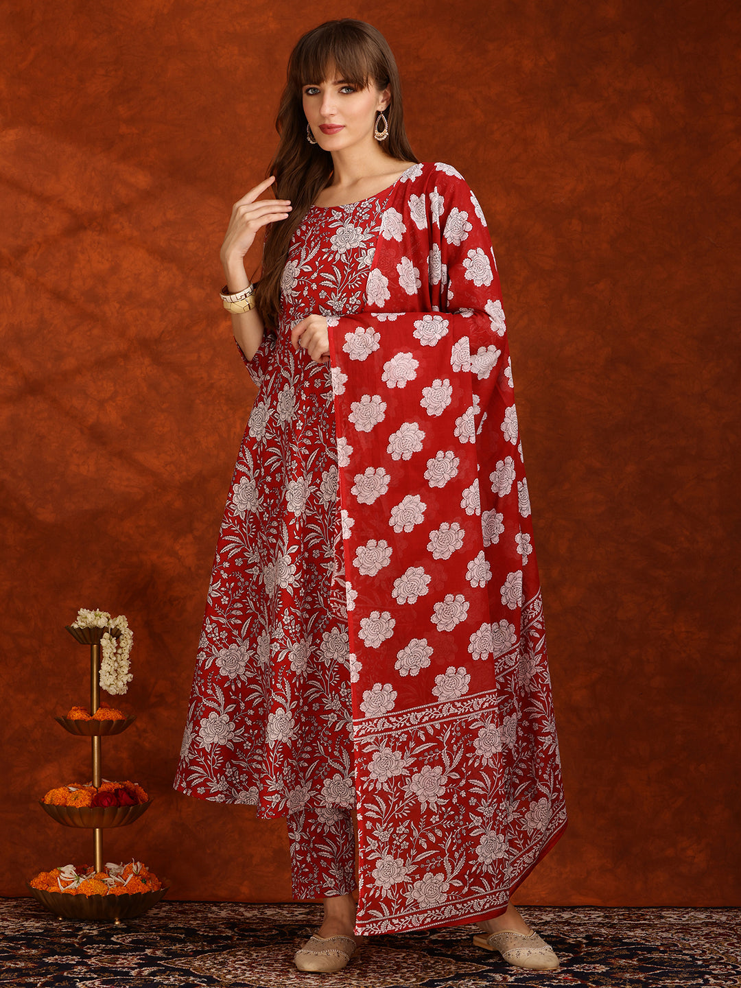 Floral Printed Flared Kurta With Pant & Dupatta, Maroon - Hiral Fashion | Grocsy