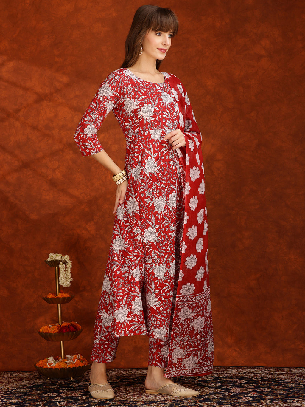Floral Printed Flared Kurta With Pant & Dupatta, Maroon - Hiral Fashion | Grocsy