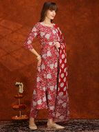 Floral Printed Flared Kurta With Pant & Dupatta, Maroon - Hiral Fashion | Grocsy